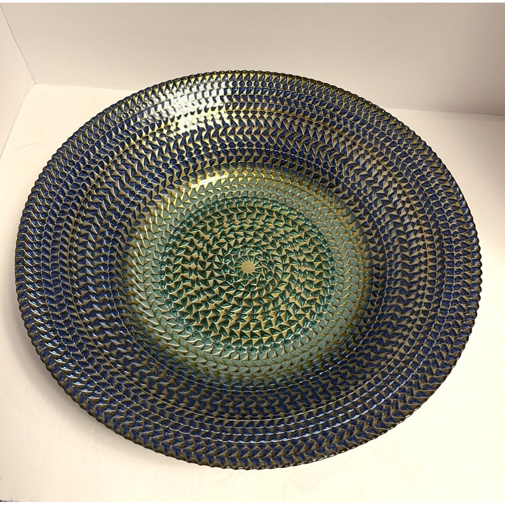Vintage Peacock Art Glass Centerpiece Bowl Iridescent Blue Green Statement